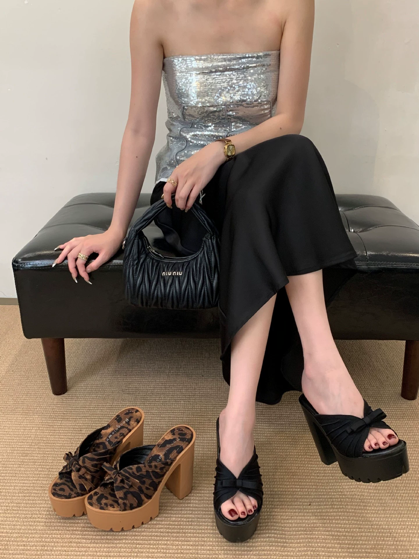 Женские туфли на высоком каблуке с леопардовым принтом и бантом на толстом каблуке толщиной 12 см, в наличии 34-40