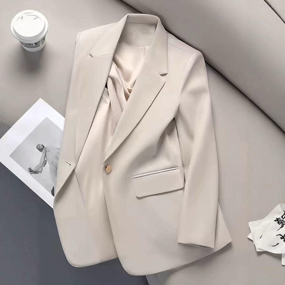 Áo vest nữ dài tay cổ vest một hàng cúc phong cách thanh lịch — Màu trắng ngà, màu đen