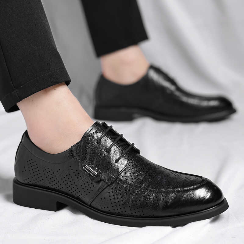 皮鞋透气男士镂空真皮皮鞋休闲软底商务凉鞋男款正装德比鞋结婚鞋