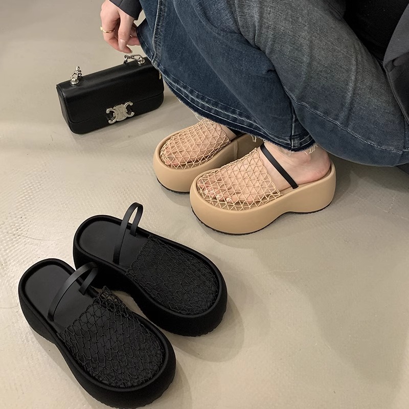 2025 nuevo diseño de verano, malla hueca y transpirable, medio arrastre, suela gruesa, zapatos de plataforma romana, sandalias para mujer