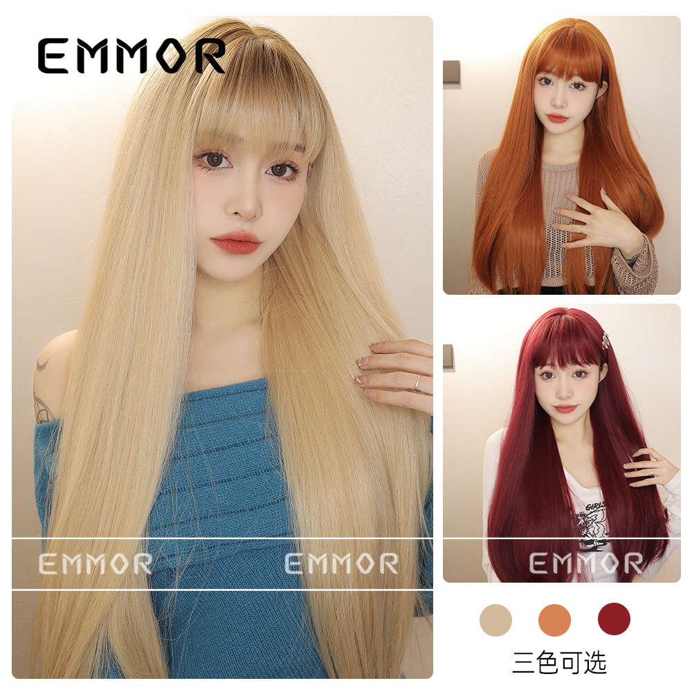 Estilo japonés y coreano nueva peluca femenina recta Bangs Pelo Largo cubierta completa de la cabeza natural mullida reducción de la edad peluca Lolita