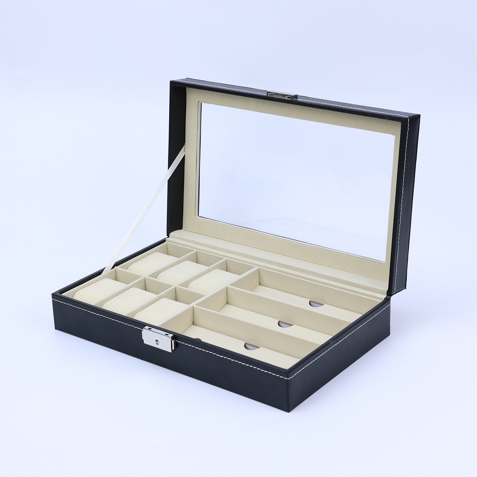 De alto grado negro PU cuero reloj caja ojo caja de gran capacidad de almacenamiento