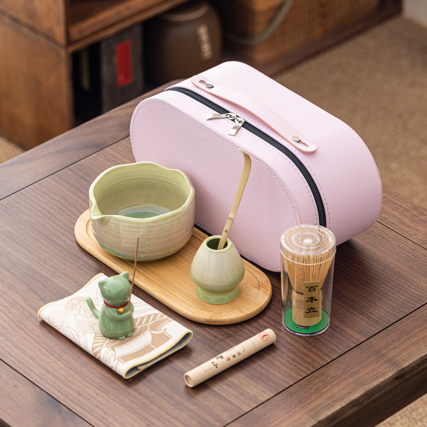 Cuenco de matcha corrugado caja de cuero set adorable gatito Xiangdao ocho piezas set punto té 100 tazas de té