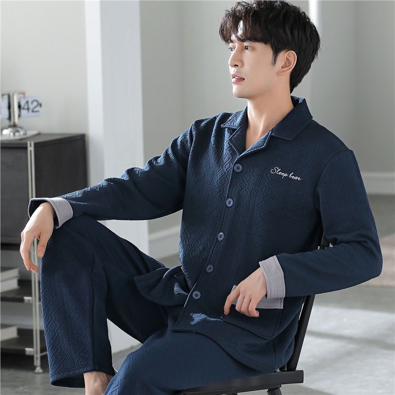 Pajamas gruesas para hombres otoño y invierno de manga larga algodón intercalado conjunto de calor para hombres jóvenes y de mediana edad ropa de hogar suelta