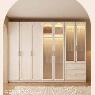 Modern Simple Solid Wood Wardrobe for Home Use with One Cabinet to the Top, Double Door Glass Door Combination with Drawer Wardrobe