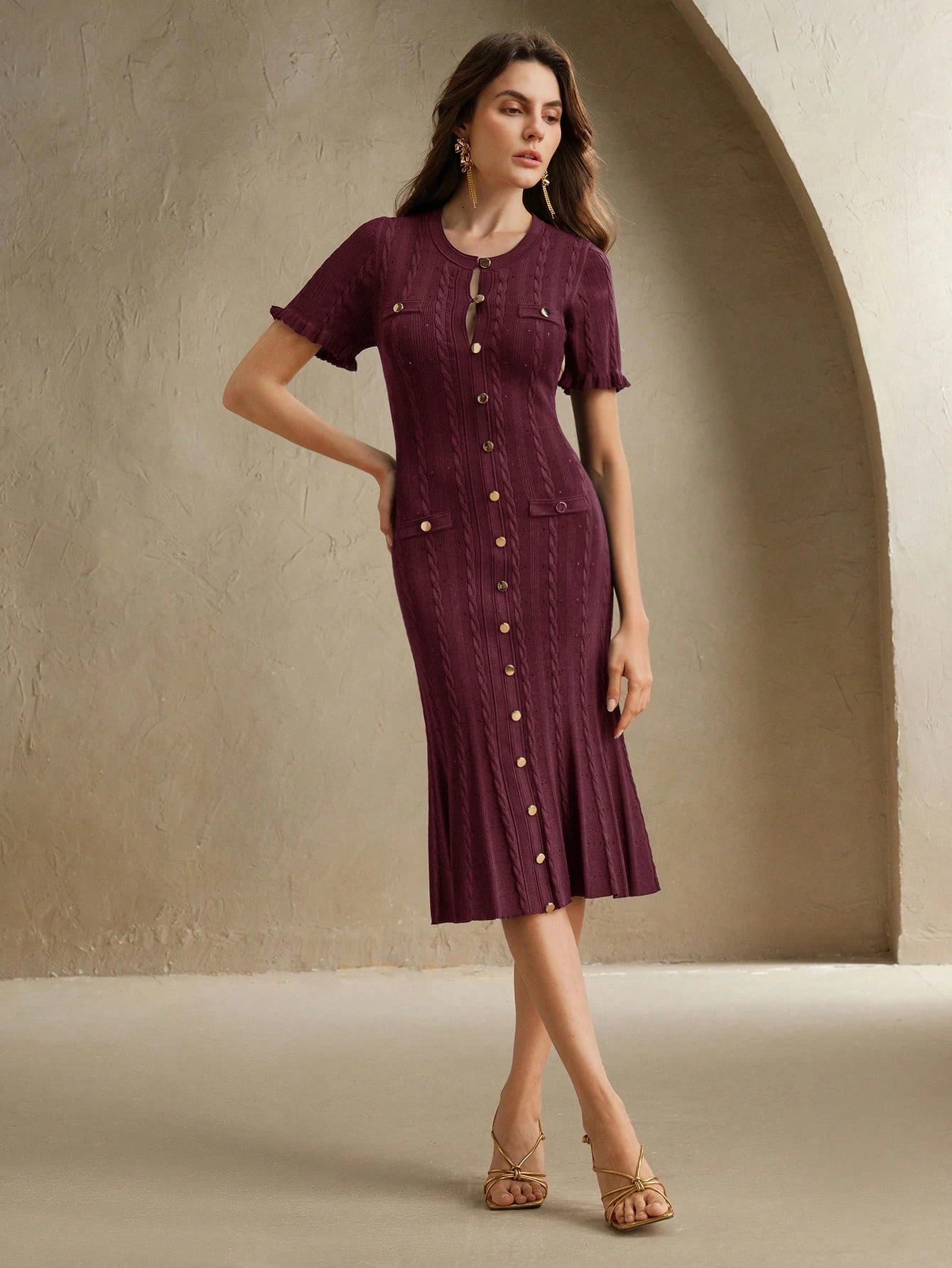 Women's Clothing Elegant Knit Tweed Dress With Front Buttons And Short Sleeves For Women_ecoleips.com