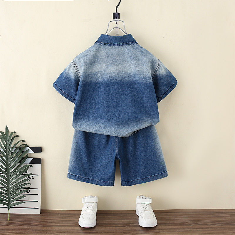7381 traje de verano para niños camisa de mezclilla para niños pantalones cortos de manga corta 2025 nuevo estilo bebé versión coreana pantalones de cinco puntos marea
