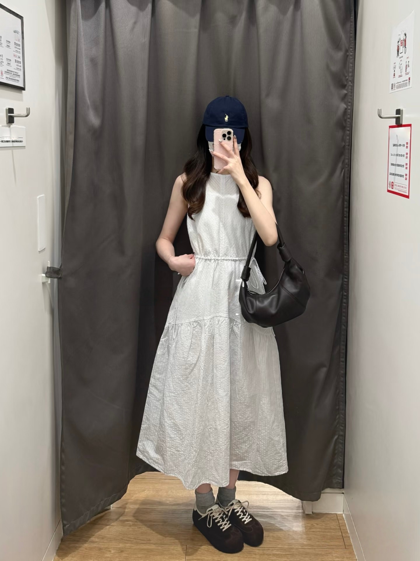 Women's Cotton and Linen Striped Layered Dress, Sleeveless Skirt, Drawstring Long Waist-Cinching Straight Skirt, Spring and Summer 484787