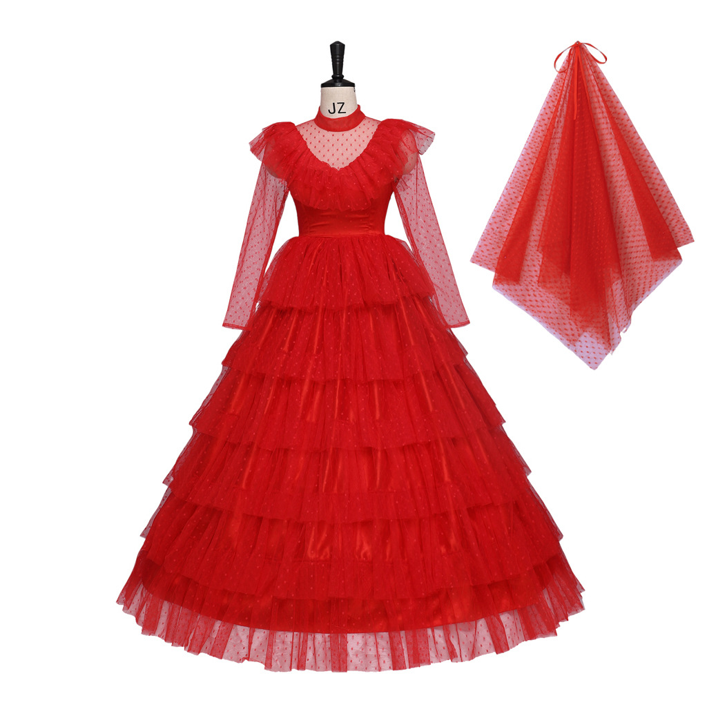 Halloween Costume Farmer cosplay Beetle Juice Lydia Red Wedding Dress Ready for Direct Delivery