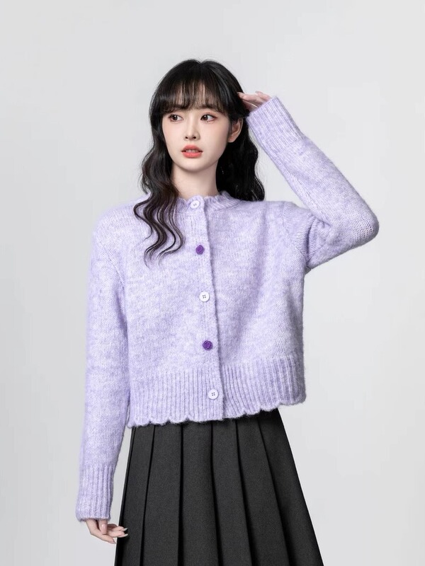 香芋紫圆领毛衣外套女2025春秋新款宽松软糯加厚针织开衫短款上衣|undefined