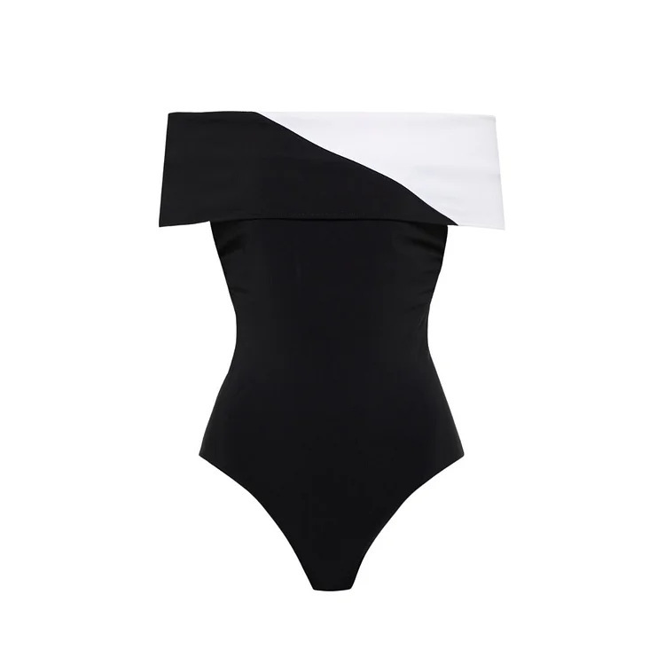 GraceChic GraceChic 2025 European American Swimwear New V-neck Black And White Patchwork Simple High-end One-piece Swimsuit Set For Women_voghion.com