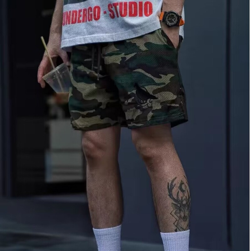 American Street Camouflage Double-Layer Mesh Knee-Length Shorts for Men Summer Embroidered Casual Sports Niche Quarter Pants Trendy