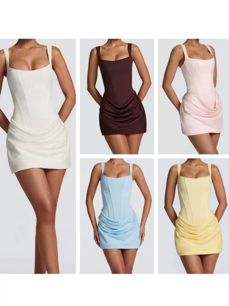 New Foreign Trade Women's Clothing, French-Style Sexy Square-Neck Sleeveless Bodycon Tie-Waist Short Midi Tank Dress