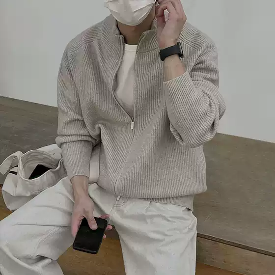 Myq Stand Collar Lazy Style Turtleneck Sweater Jacket Men's Autum Korean Style Loose Trendyy Zipper Knitted Cardigan