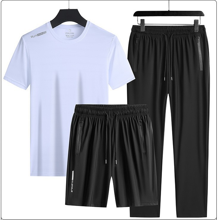 Trajes deportivos transfronterizos para hombres de verano de seda de hielo de manga corta de mediana edad, pantalones rectos para padres de tres piezas de secado rápido