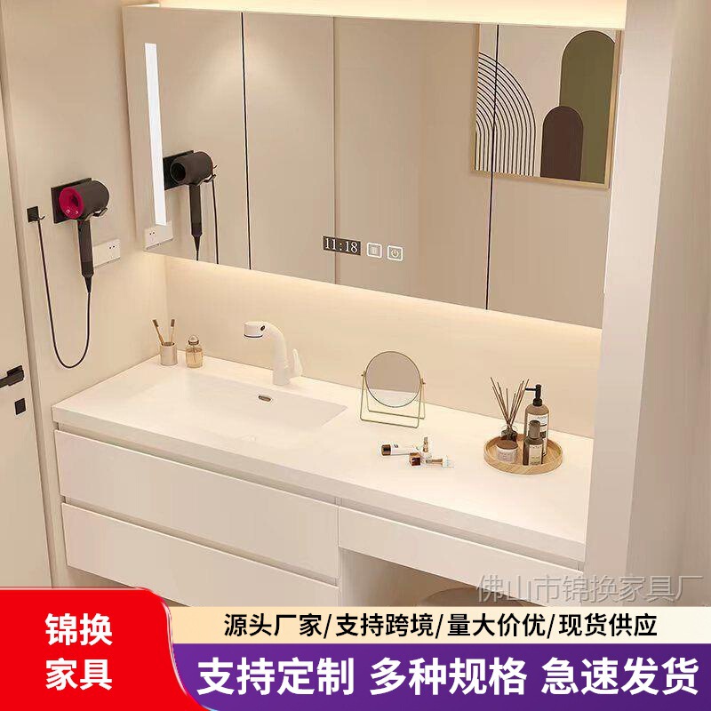 Integrated Vanity Table with Rock Slab Bathroom Cabinet Combination, Simple Integrated Makeup and Washbasin Station Made of Corian Artificial Stone Integrated Vanity Table with Rock Slab Bathroom Cabinet Combination, Simple Integrated Makeup and Washbasin Station Made of Corian Artificial Stone