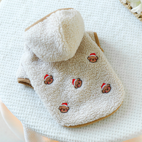 Pet dog clothes autumn and winter warm feet hooded hooded embroidered bear embroidered pattern lamb velvet hooded jacket