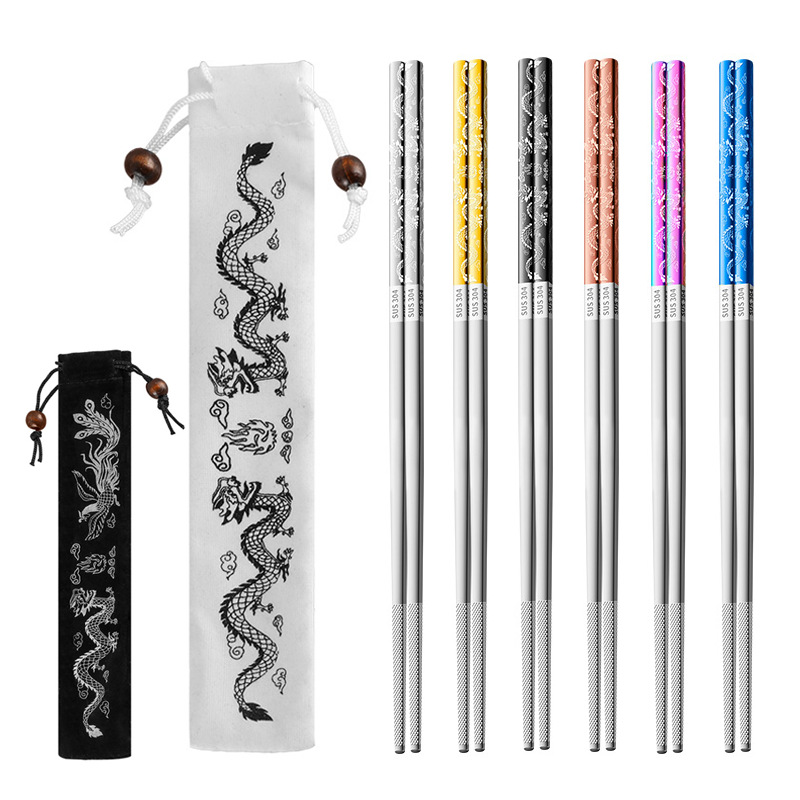 304不锈钢筷子 跨境龙纹龙凤呈祥双凤纹筷家用中式酒店餐具送礼装