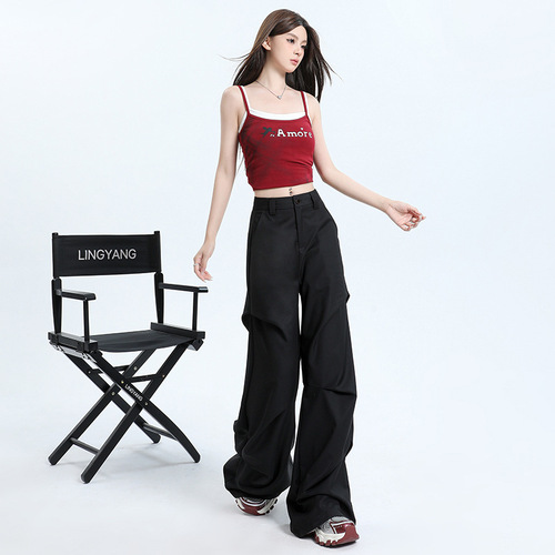 Niche design high-street black pleated loose casual wide-leg over-the-knee floor-length work pants