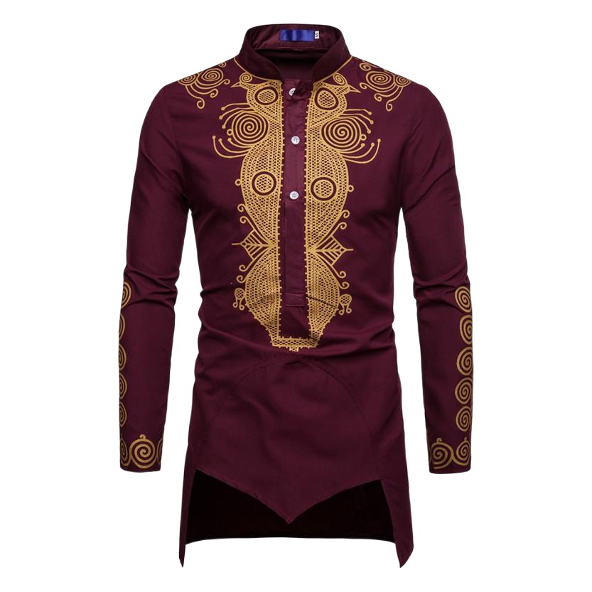 Cross-Border 2026 Autumn New Ethnic Style Robe for Men, Personalized Gold-Stamped Mid-Length Long-Sleeve Stand-Collar Casual Shirt