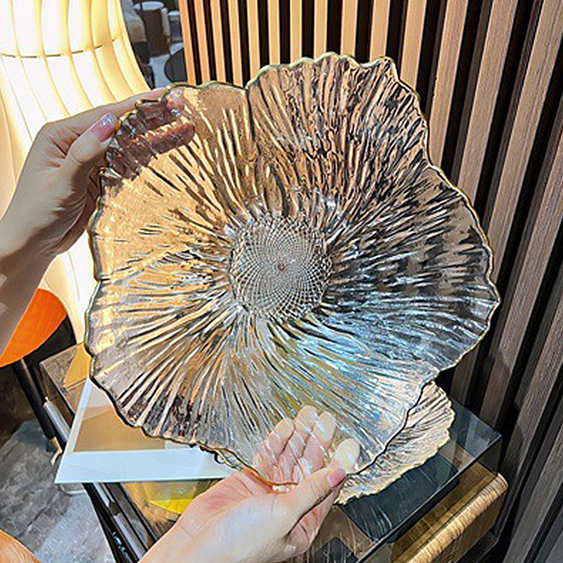 Flores nórdicas modernas caseras plato de frutas de cristal plato de bocadillos hermoso brillo perlado simple de alto valor plato rojo en línea