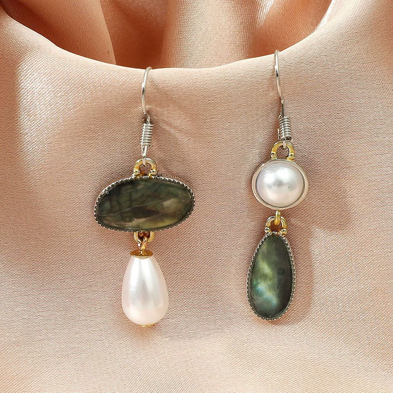 Retro fashionable asymmetrical earrings from pearl, for import