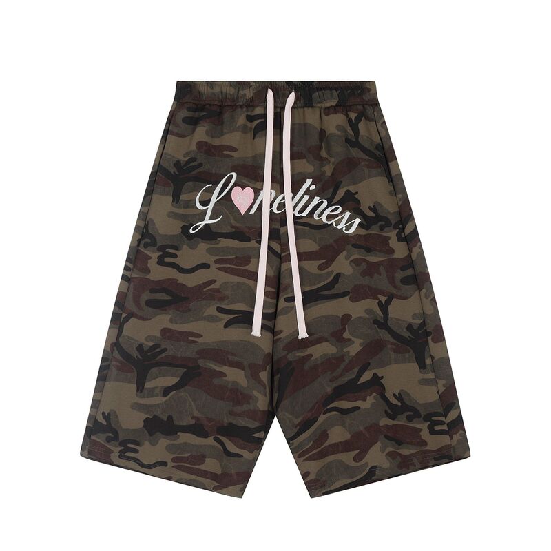 2025 American Style Heart Letter Embroidery Camouflage Shorts Summer New Trendy Ins Versatile Wide-Leg Pants