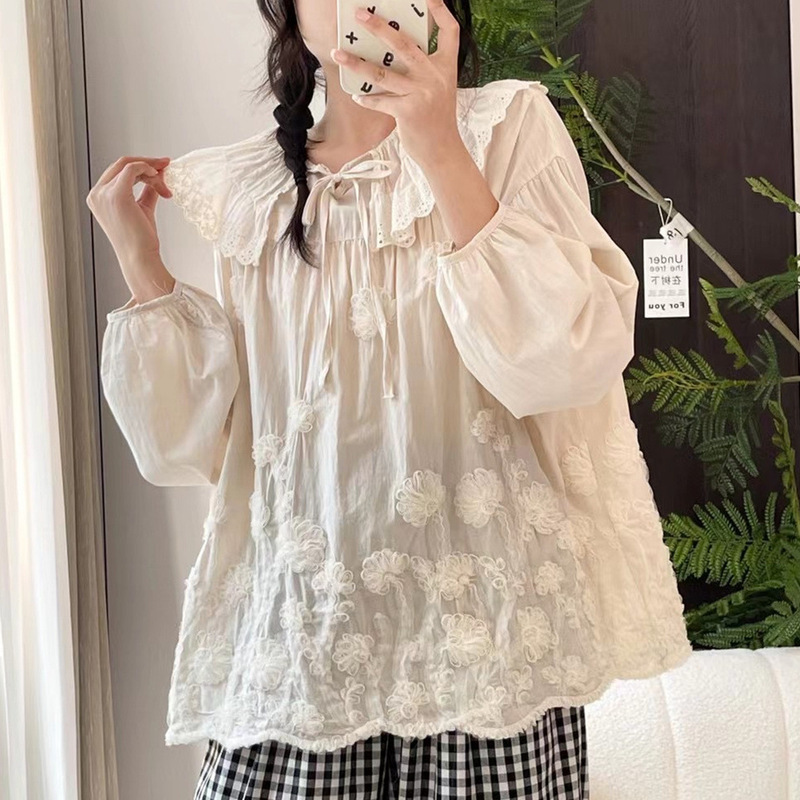 Japanese Mori sweet lotus leaf lace lapel collar lace-up heavy-duty three-dimensional flower long-sleeved shirt for women Wholesale