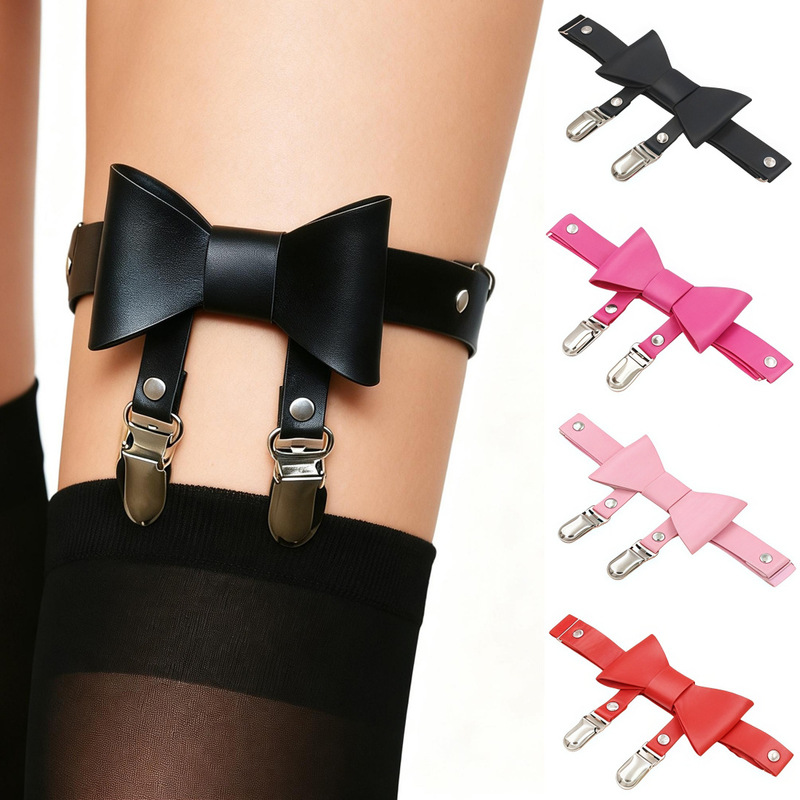 Eco-Friendly Pu Leather Fashion Punk Rock Sexy Bowknot Garter Belt Street Dance Nightclub Leg Ring Ankle Ring Anti-Slip Sock Clip