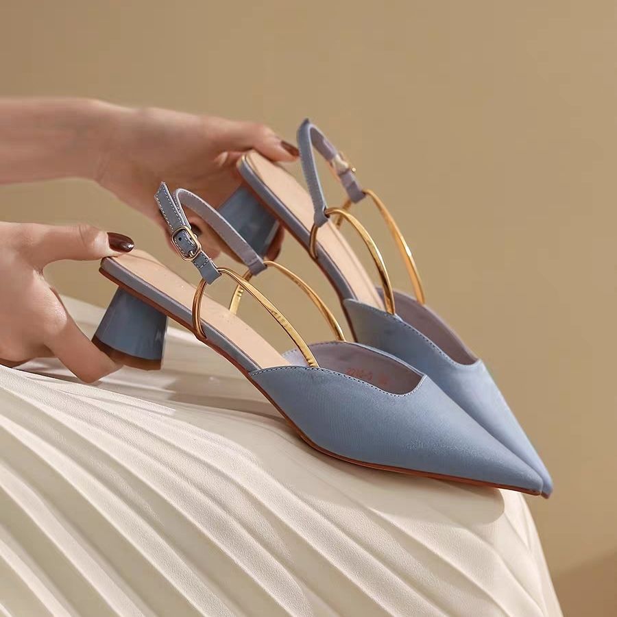 French satin temperament single shoes low heel toe sandals 2024 spring and summer new style medium high heels pointed toe single shoes_voghion.com