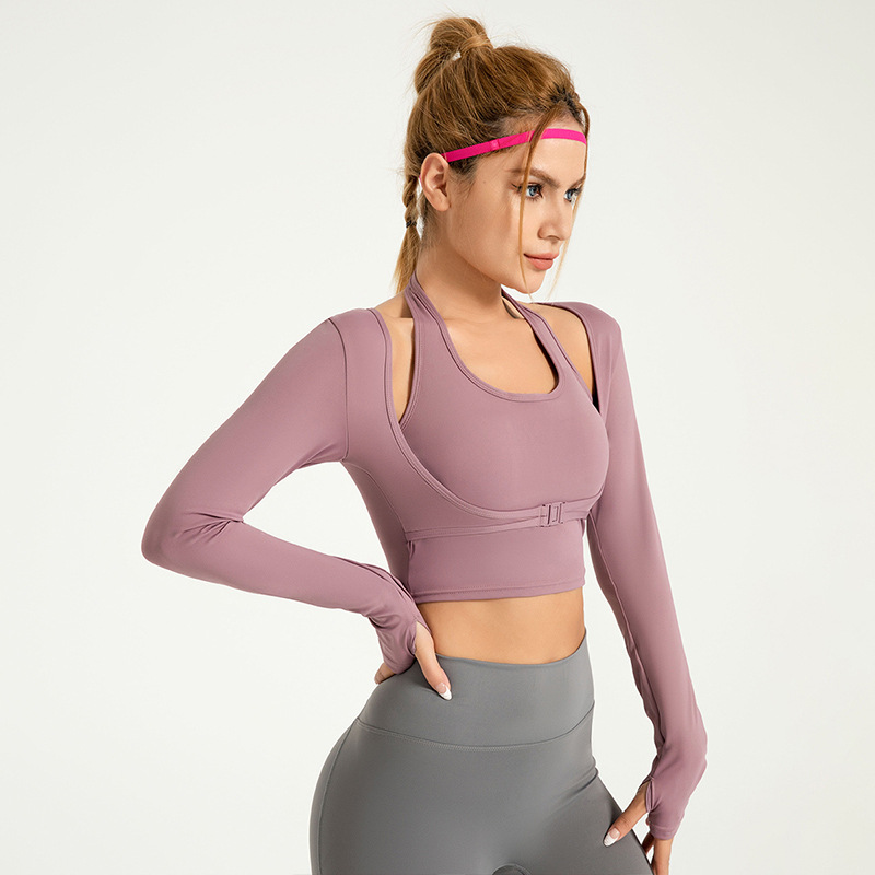 Área transfronteriza cuello colgante sin sujetador, ropa de yoga falsa de dos piezas, chaqueta deportiva, ropa de ejercicios