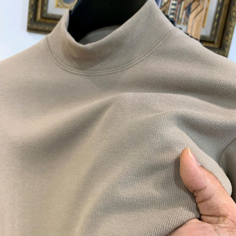 German velvet bottoming shirt men's autumn and winter semi-high collar naked seamless solid color men's warm double-sided velvet long-sleeved t-shirt