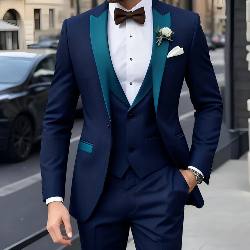 Foreign Trade Cross-Border Men's Light Luxury Color-Blocked Mens Suits 3-Piece New Style Slim-Fit Wedding Suits for Grooms