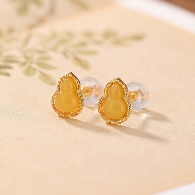 Bông tai bạc S925 đính đá hồ lô mã não mật sáp phong cách Trung Quốc — Mẫu Emerald