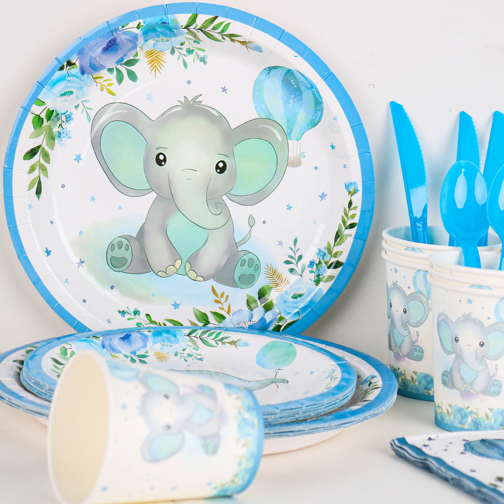Elefante azul nuevo tema azul juego de cubiertos de fiesta para bebés decoración bandeja de papel desechable tazas de papel