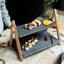 日式折叠双层竹木蛋糕架板岩石板岩石寿司盘冷餐台水果甜品点心架