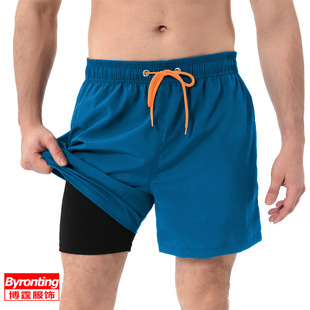 European and American Men's Swimming Trunks with Zipper Flap Pocket Pantss Two-In-One Beach Trunks for Men, Anti-Embarrassment, Quick-Drying, Water-Repellent Lining Shorts