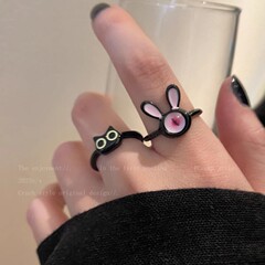 Whimsical black kitten open-mouthed ring for women, unique design, couple and sister-in-law's friendship ring, index finger ring, stylish decorative ring