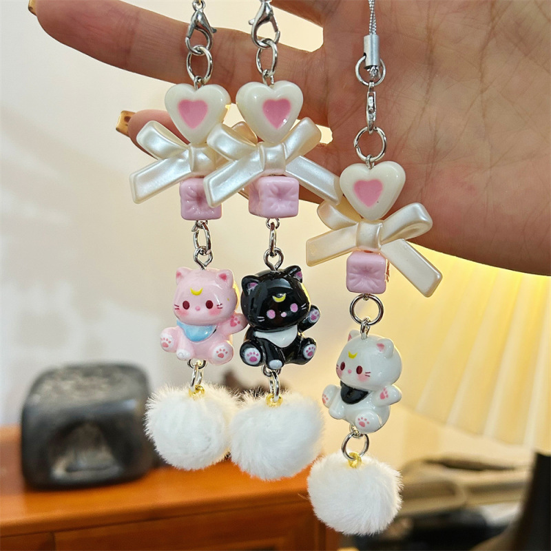 Hi hello kitten fur ball pendant beaded sweet girl heart mobile phone chain cat ins cartoon cute pendant