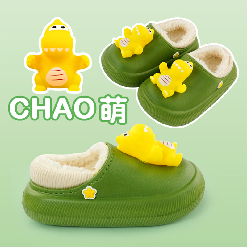 Dinosauro patrón de zapatos de algodón para niños zapatillas de algodón cálidas bolsas de terciopelo tacones impermeables antideslizantes zapatos de algodón para interiores