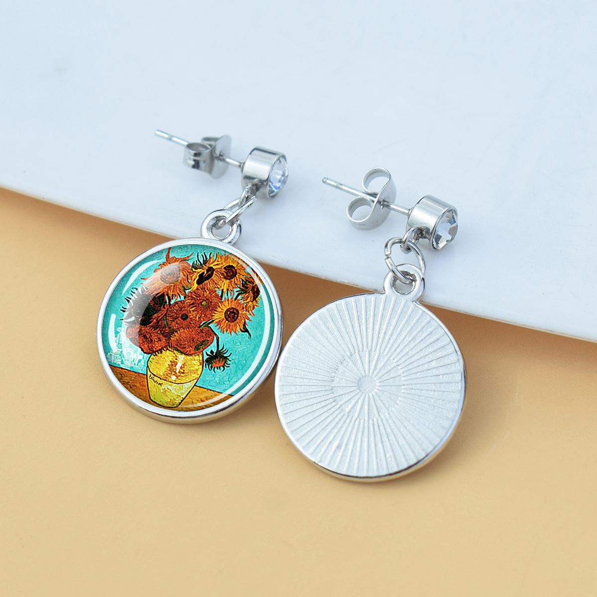Pendientes de diamantes brillantes de flores Iris de girasol Van Gogh Art Starry Sky Pintura al óleo Pendientes de estilo europeo y americano medieval