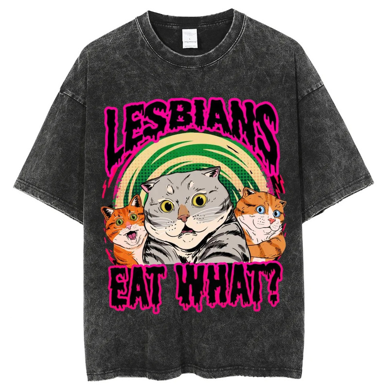 Cute Cat Graphic T-Shirt Men's Y2K Washed T-Shirt Heavy Mental T-Shirt Retro Hip Hop T-Shirt Pure Cotton Streetwear