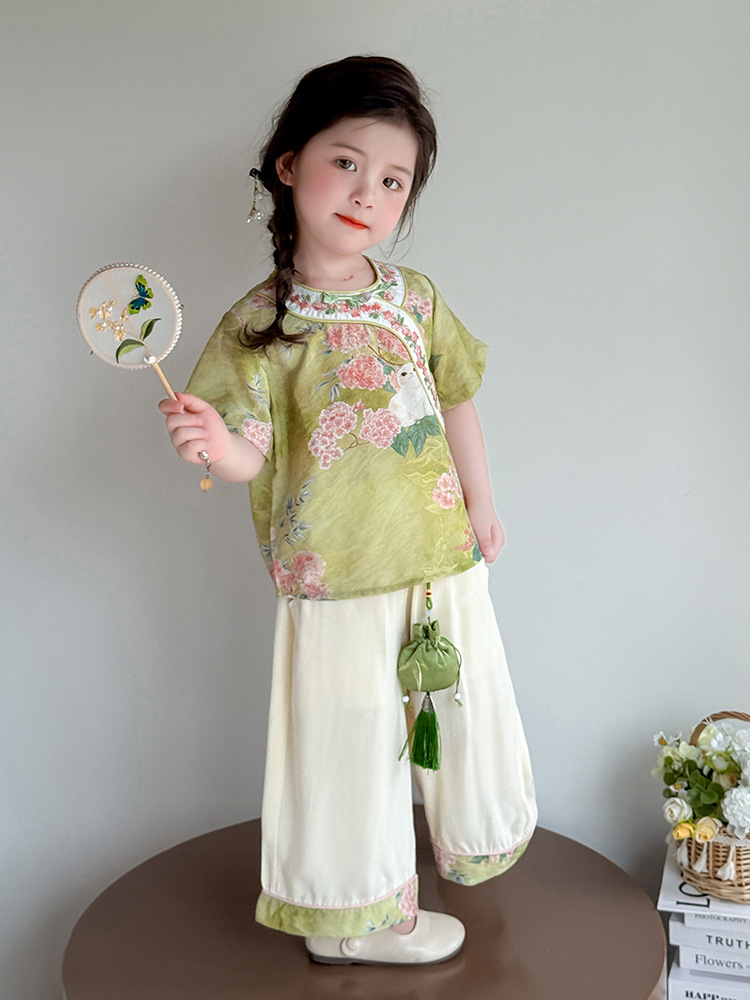 Hanfu niñas traje de estilo chino verano 2025 nuevos pantalones anchos para niños de dos piezas nuevo ropa china para bebés