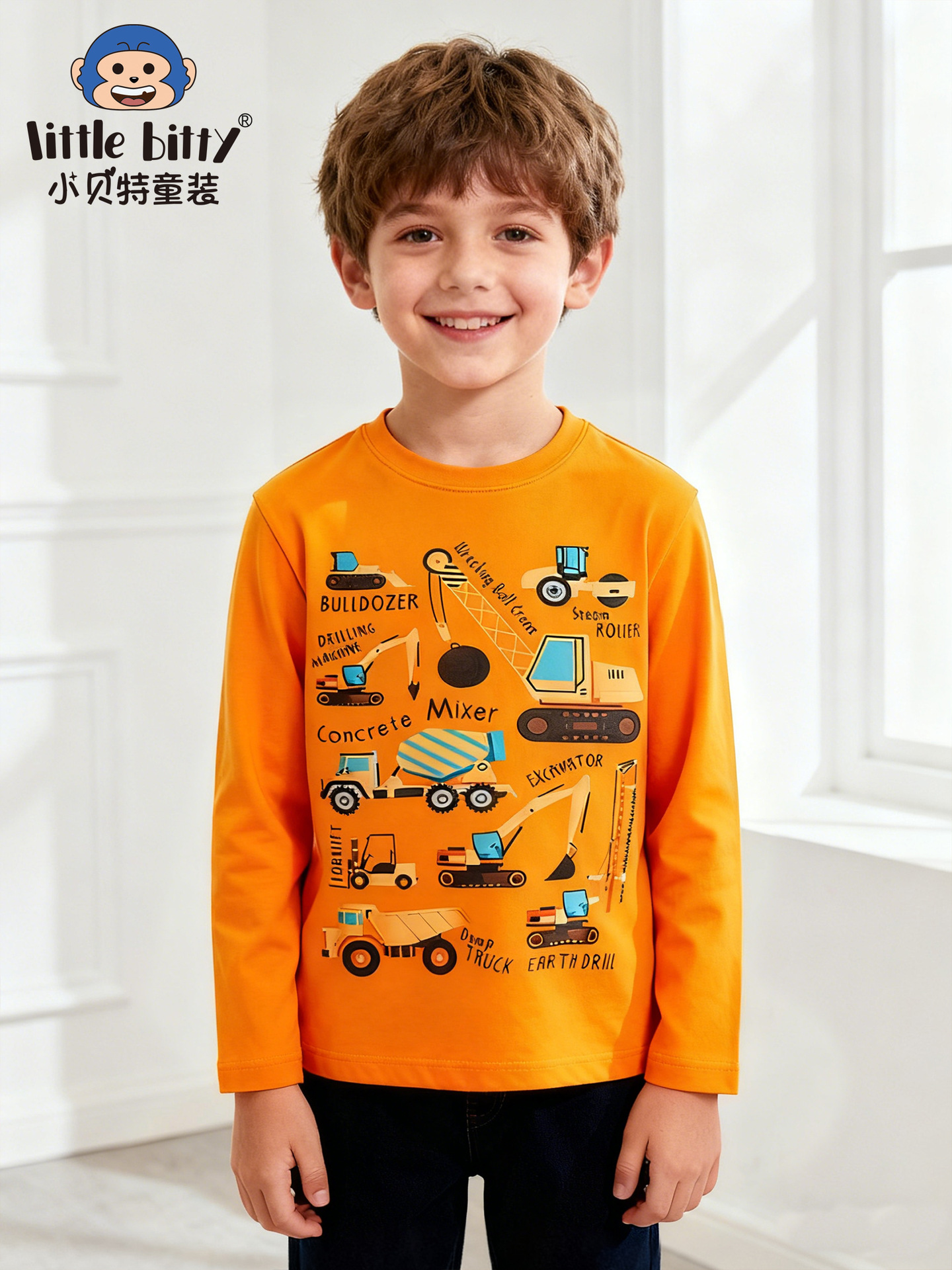 Fashion European and American 25 Years Autumn and Winter Kidsren's Long-Sleeved T-Shirt Cartoon Car Round Neck Kidsren's Top Pullover Clothing