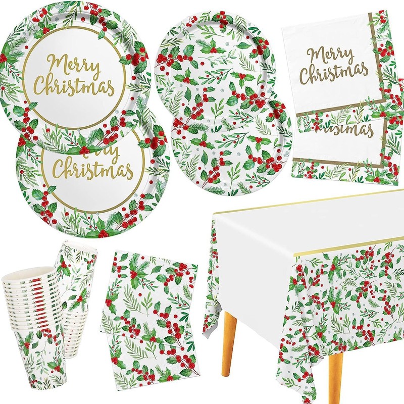 箔押しクリスマステーマ装飾緑葉紙皿紙コップティッシュセット旗を引いて食器パーティーセットを配置する|undefined
