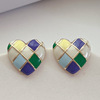 Retro strategy game heart-shaped, enamel, silver needle, earrings, french style, silver 925 sample