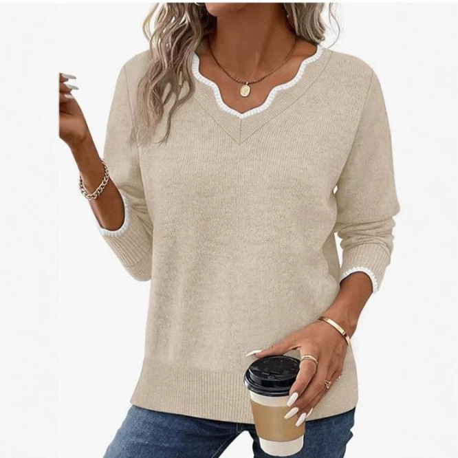 European and American Style Cross-Border Aliexpress Amazon Autumn and Winter New Loose Comfortable Casual V-Neck Pullover Color-Block Sweater for Women