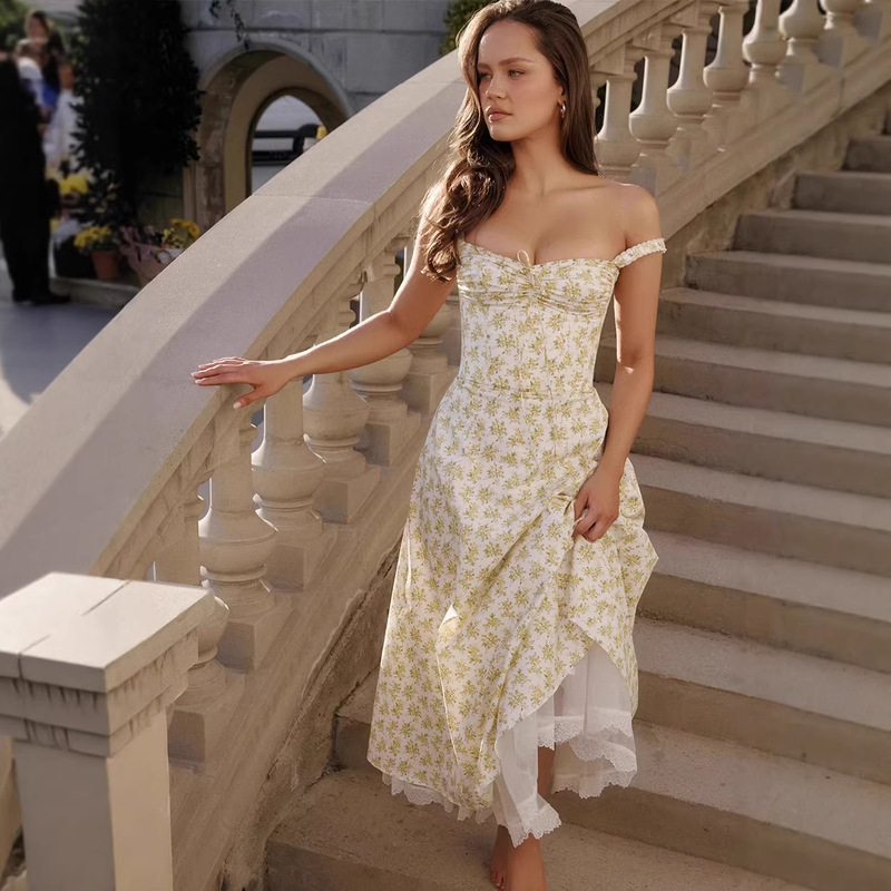 European and American 2026 New Cross-Border Women's Fashion Sexy Floral Spaghetti Strap Waist-Cinching Slimming Flared Dress