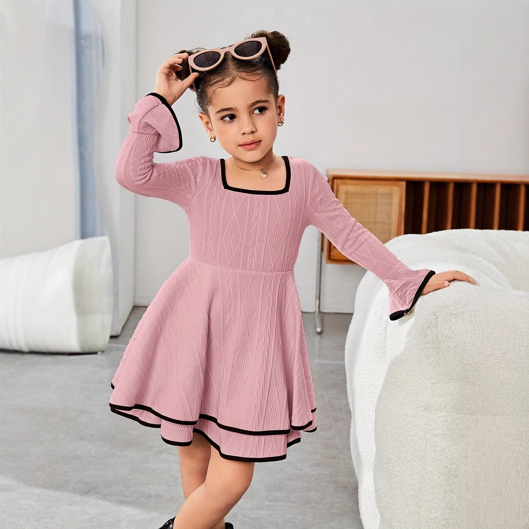 Teenage Girls Vacation Casual Solid Color Square Neck Flared Sleeve Mini Long Sleeve Dress Spring Autumn Daily Wear Suitable