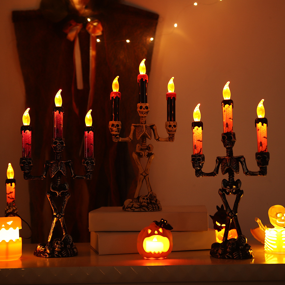 Candelabro esqueleto de Halloween Linternas Festival de fantasmas Accesorios de decoración de terror Lámpara de calabaza Decoración de calavera Lámpara de vela electrónica LED